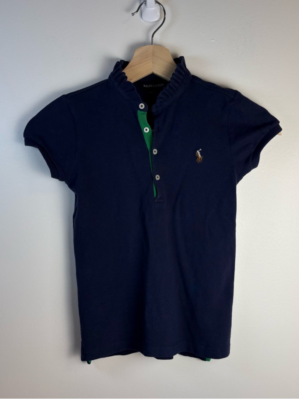 Ralph Lauren Girls Navy Blue Green Polo Shirt Ruffle Collar Logo, Size 6X